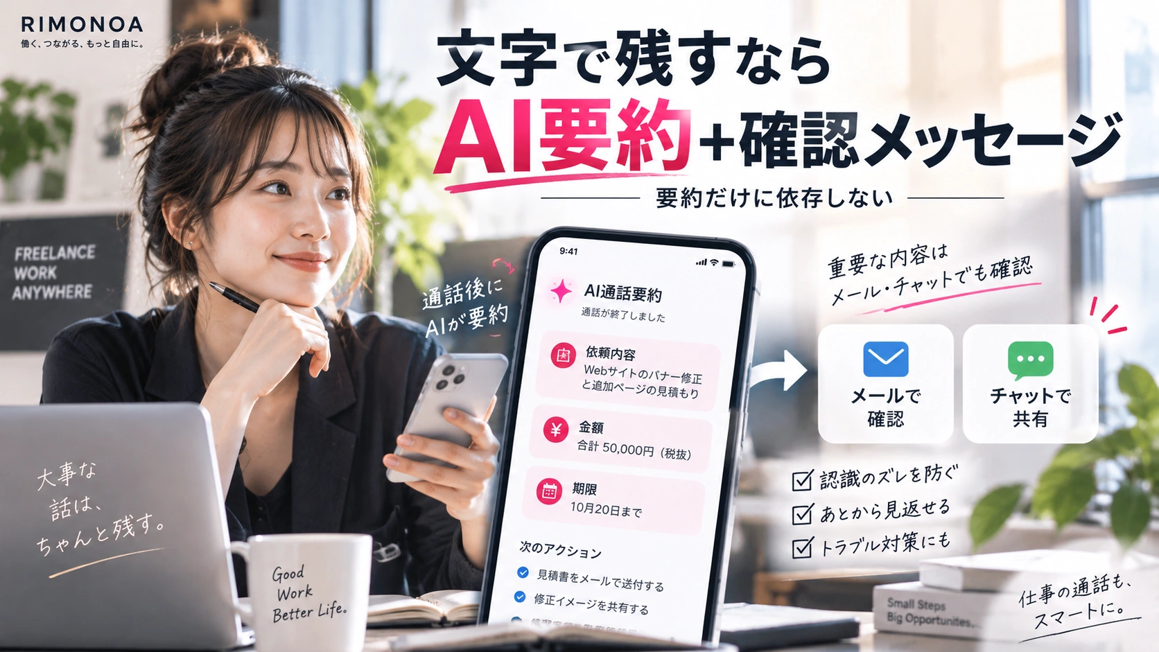 AI通話要約を仕事のメモや次の行動につなげるイメージ