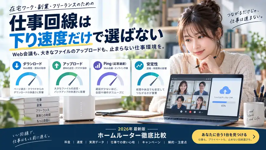 仕事回線は下り速度だけでなく上り・Ping・混雑時の安定性を見ることを説明する図