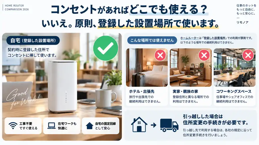 ホームルーターは登録した設置場所で使い、ホテル・実家・コワーキングなど登録住所以外での継続利用はできないことを説明する図