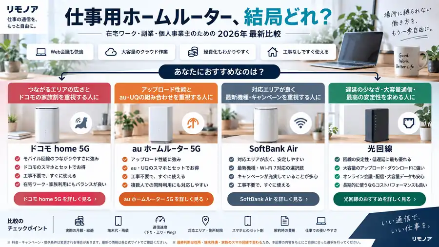 ドコモhome 5G、auホームルーター5G、SoftBank Air、光回線を利用条件ごとに選ぶ判断図