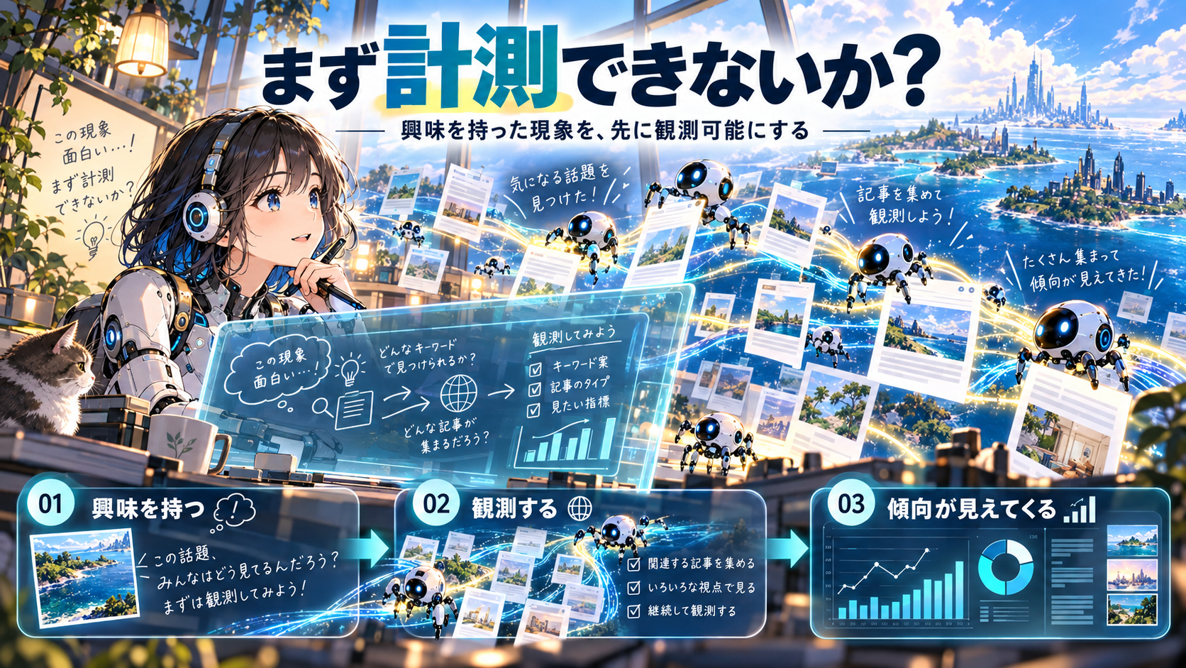 興味を持った現象を計測し、観測を続ける流れを示す概念図