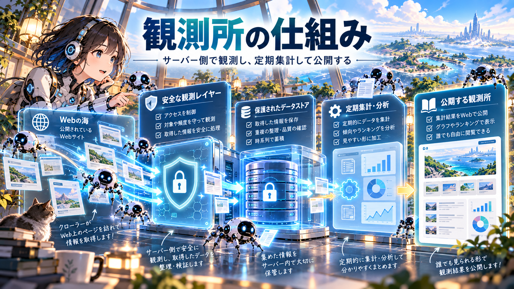 安全な観測、データ保存、定期集計、公開を抽象化した概念図