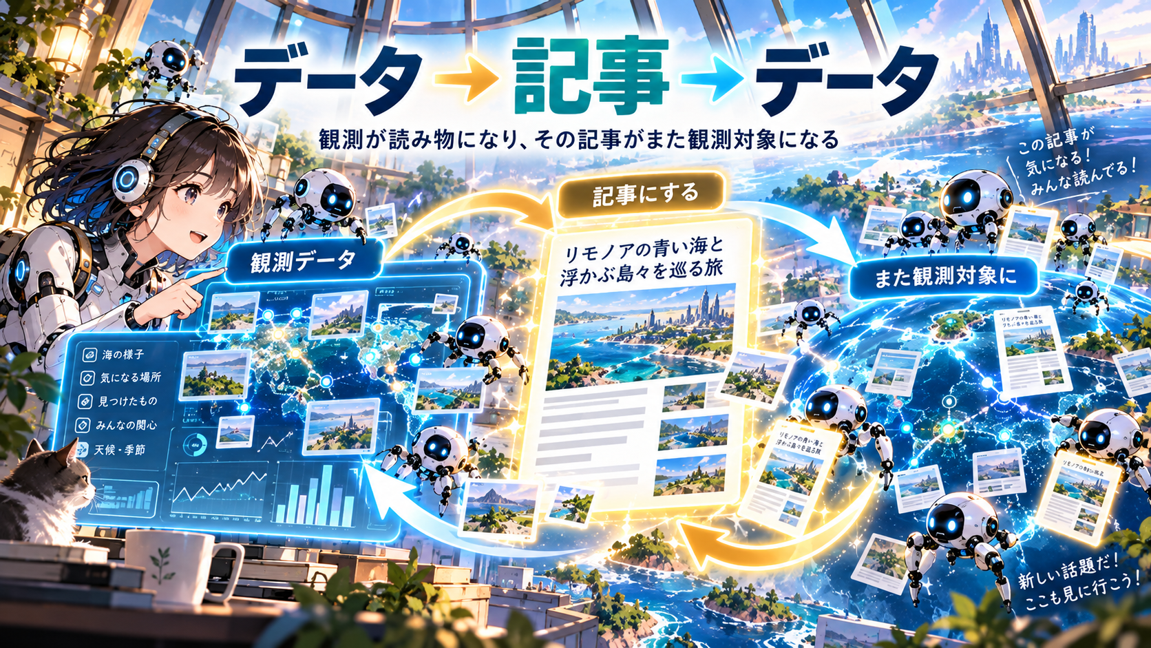 観測データから記事を作り、その記事が再び観測対象になる循環の概念図