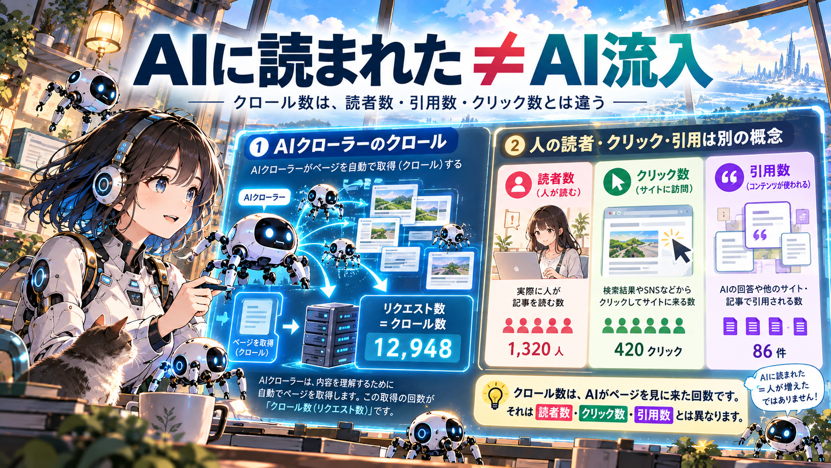 AIクローラーの取得回数と読者数・クリック数・引用数の違いを示す説明図(数値は例示)